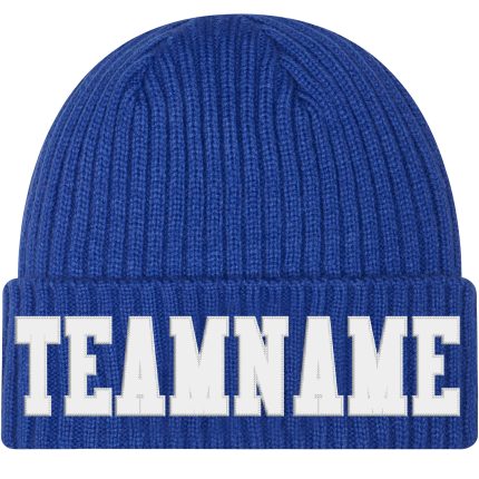 Custom Name and Number Knit Hat - Personalized Royal White Cuffed Stitched Design Personalized Royal White Stitched Cuffed