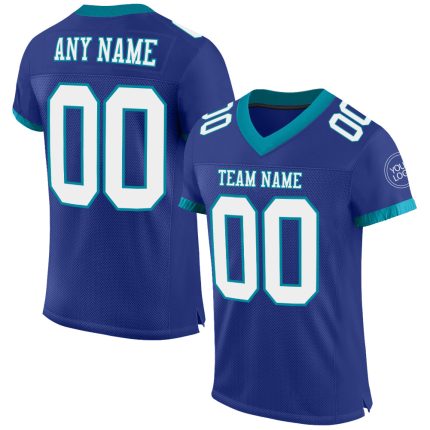 Custom Name and Number Personalized Authentic Football Jersey, Royal White-Teal Mesh Team Style Personalized Royal White-Teal