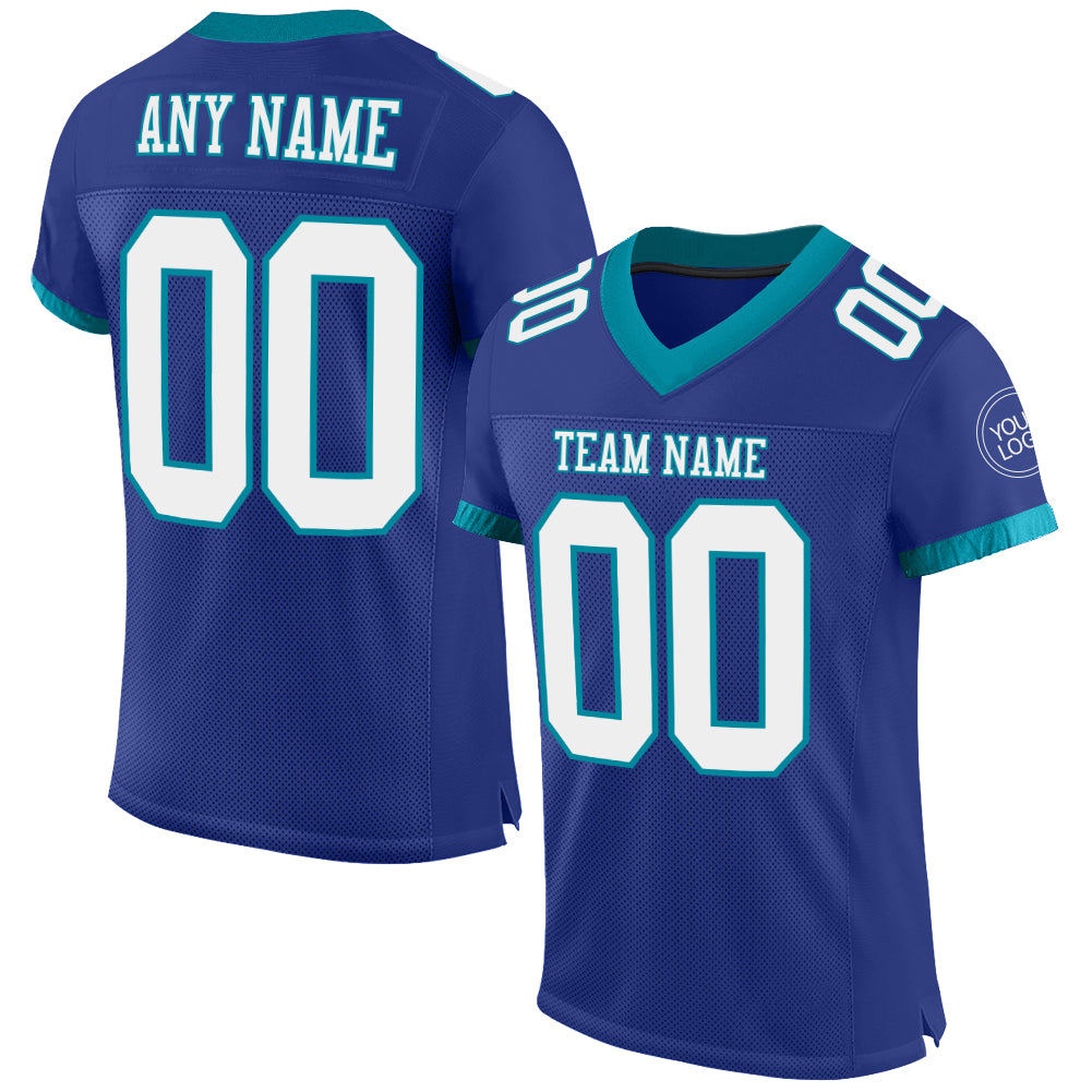 Custom Name and Number Personalized Authentic Football Jersey, Royal White-Teal Mesh Team Style Personalized Royal White-Teal