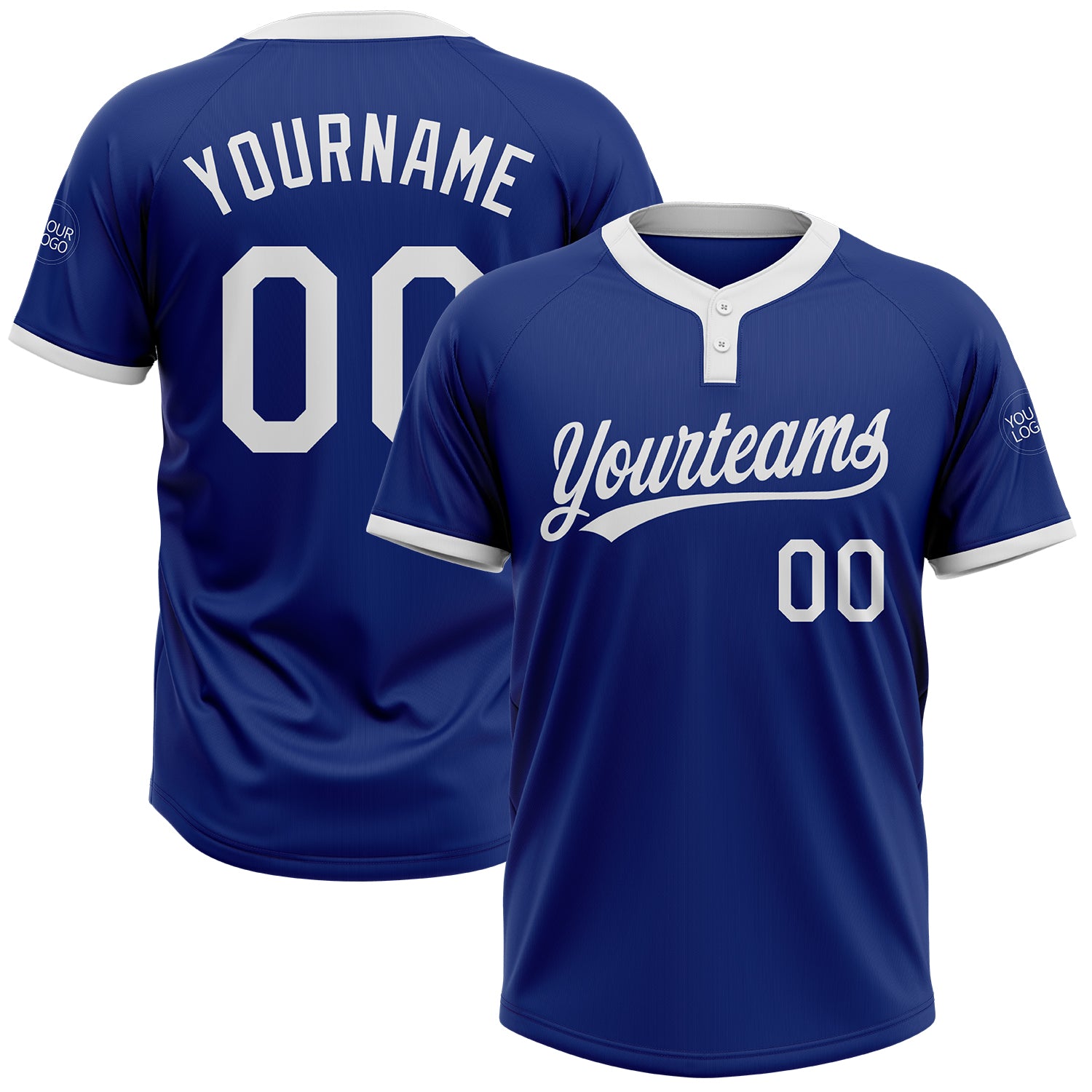 Custom Name and Number Unisex Softball Jersey - Personalized Royal White Two-Button Design Personalized Royal White Two-Button