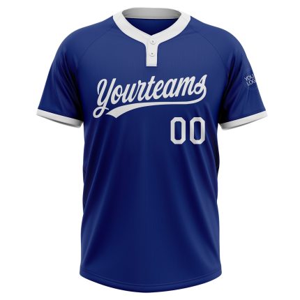 Custom Name and Number Unisex Softball Jersey - Personalized Royal White Two-Button Design Personalized Royal White Two-Button