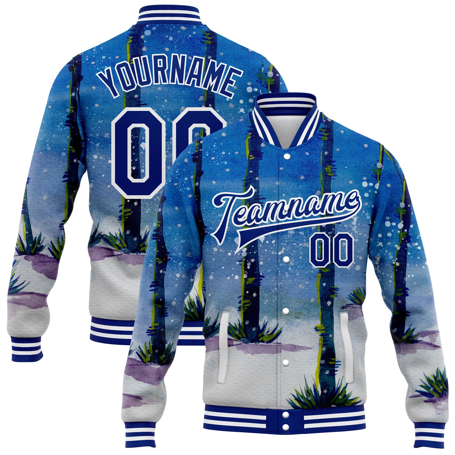 Custom Name and Number Personalized Varsity Jacket 3D Watercolor Forest Design Bomber Full-Snap Letterman Jacket Personalized