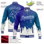 Custom Name and Number 3D Snowy Trees Winter Landscape Bomber Varsity Jacket - Personalized Royal White Watercolor Design