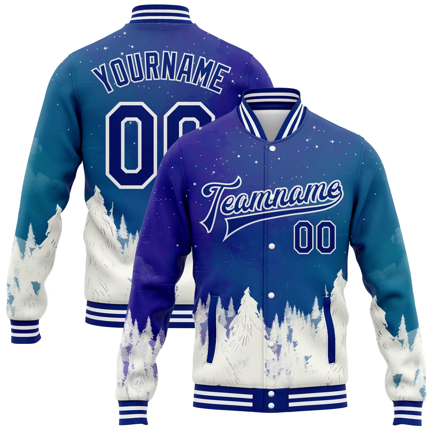 Custom Name and Number 3D Snowy Trees Winter Landscape Bomber Varsity Jacket - Personalized Royal White Watercolor Design