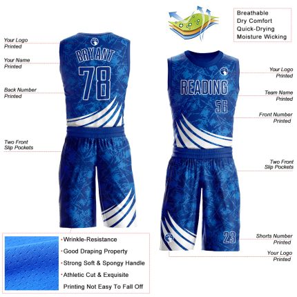 Custom Name and Number Basketball Jersey - Personalized Royal White Wind Shapes Round Neck Sublimation Suit Personalized