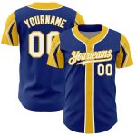 Custom Name Number Authentic Baseball Jersey in Royal White Yellow with Arm Shapes, Personalized Team Apparel Personalized