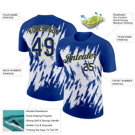 Custom Name and Number Performance T-Shirt - Personalized 3D Abstract Sharp Shape in Royal White-Yellow Design Personalized
