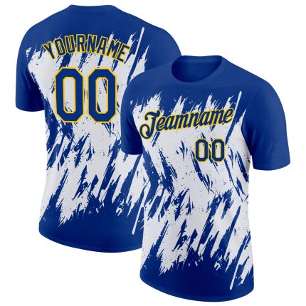 Custom Name and Number Performance T-Shirt - Personalized 3D Abstract Sharp Shape in Royal White-Yellow Design Personalized