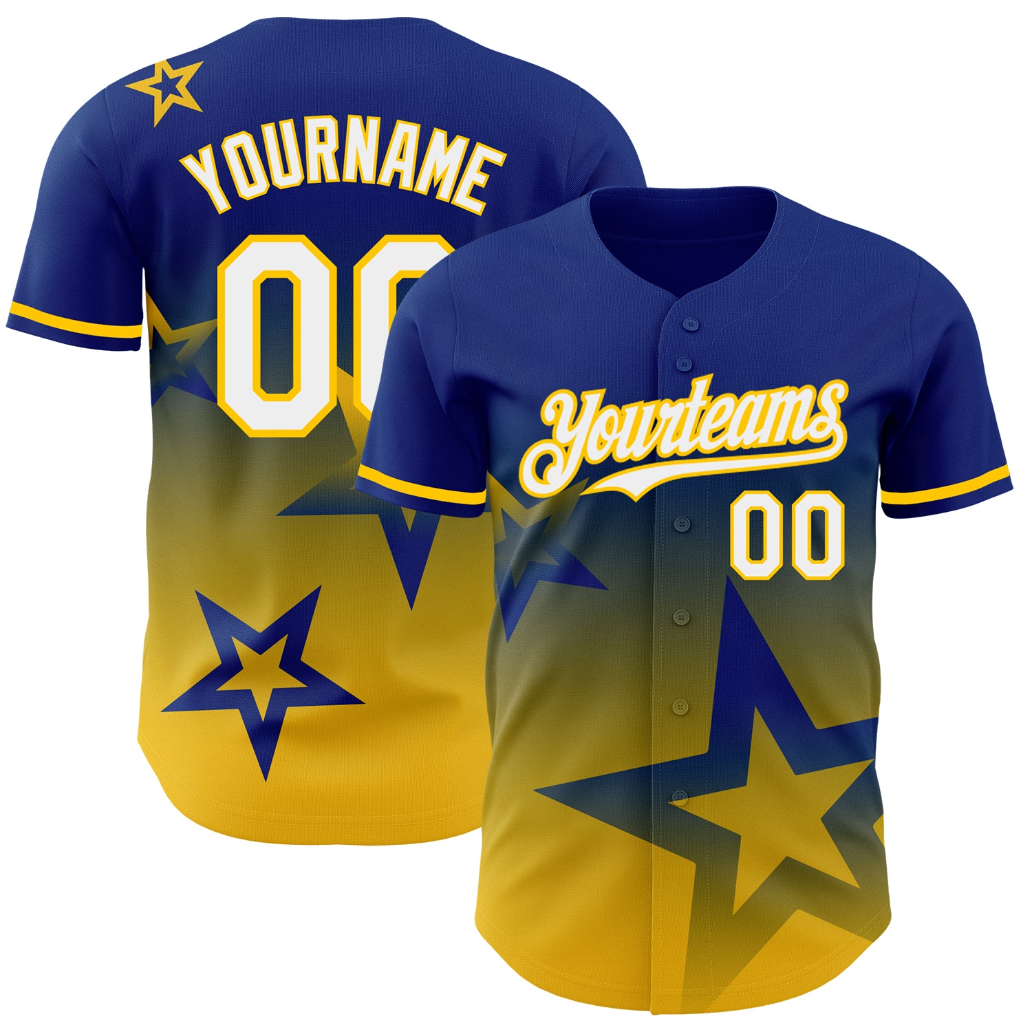 Personalized 3D Twinkle Star Gradient Baseball Jersey with Custom Name and Number - Royal White-Yellow Design Personalized