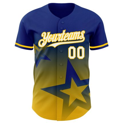 Personalized 3D Twinkle Star Gradient Baseball Jersey with Custom Name and Number - Royal White-Yellow Design Personalized
