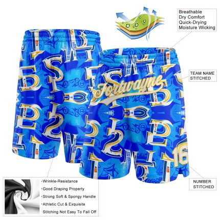 Custom Ocean Graphic 3D Pattern Basketball Shorts with Name & Number - Personalized Royal White-Yellow Geometry Design Personalized