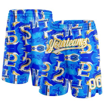 Custom Ocean Graphic 3D Pattern Basketball Shorts with Name & Number - Personalized Royal White-Yellow Geometry Design Personalized