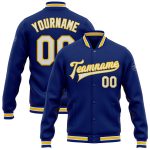 Custom Name and Number Bomber Jacket - Personalized Royal White-Yellow Varsity Letterman Full-Snap设计 Personalized Royal White-Yellow