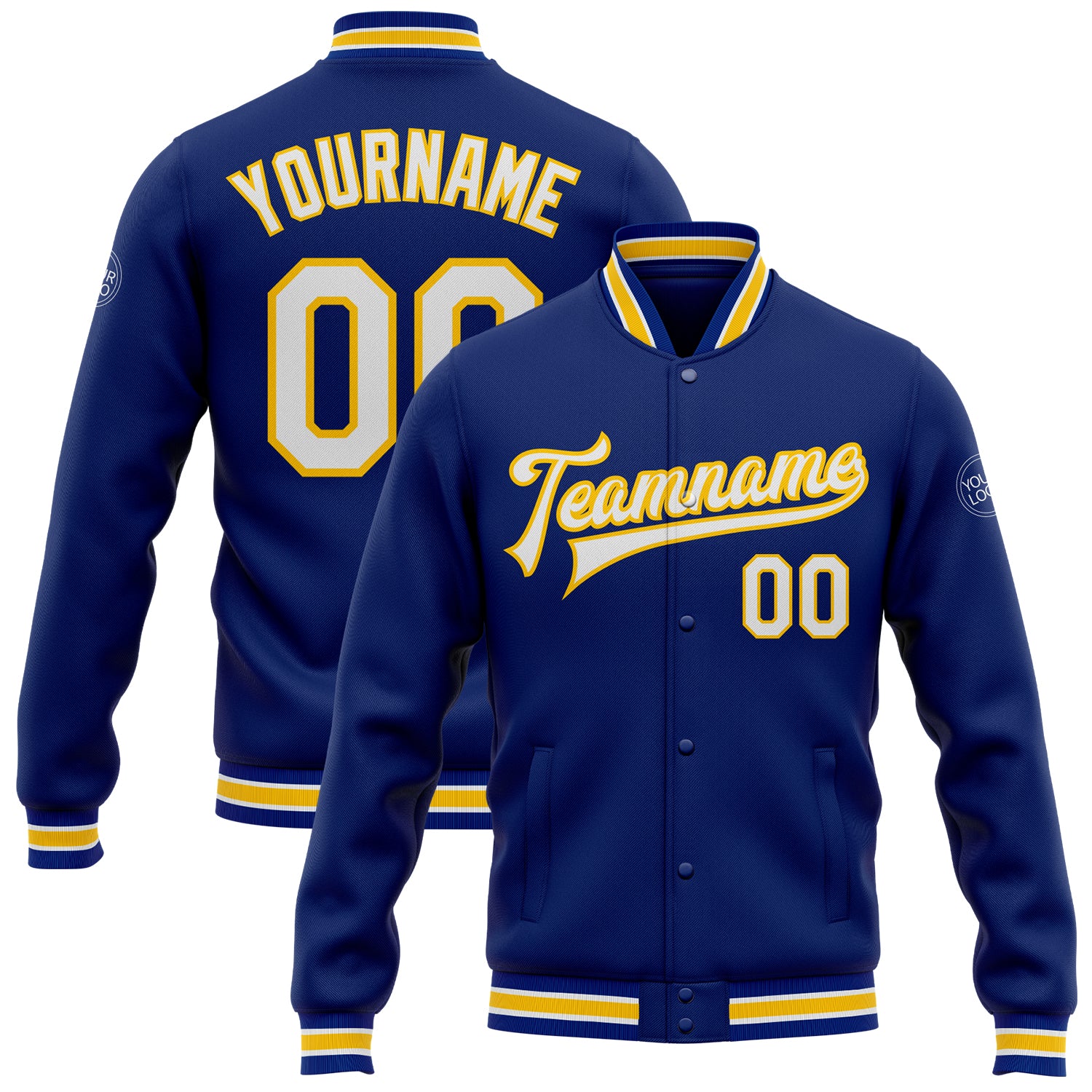 Custom Name and Number Bomber Jacket - Personalized Royal White-Yellow Varsity Letterman Full-Snap设计 Personalized Royal White-Yellow