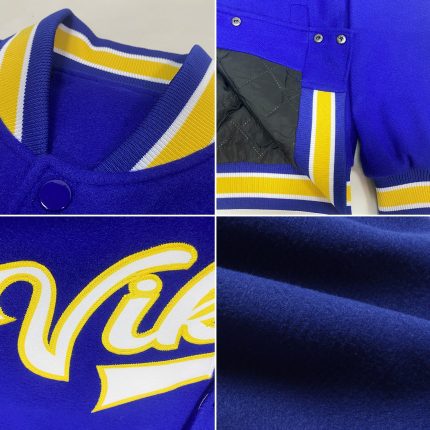 Custom Name and Number Bomber Jacket - Personalized Royal White-Yellow Varsity Letterman Full-Snap设计 Personalized Royal White-Yellow
