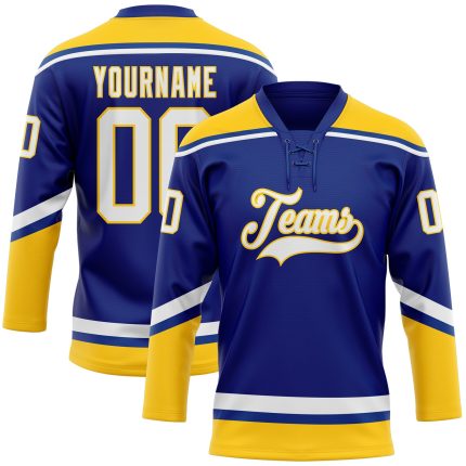 Custom Team Jersey with Personalized Name and Number - Royal White-Yellow Hockey Lace Neck Design Personalized Royal White-Yellow