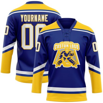 Custom Team Jersey with Personalized Name and Number - Royal White-Yellow Hockey Lace Neck Design Personalized Royal White-Yellow
