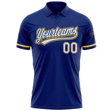 Custom Name Number Personalized Royal White Yellow Vapor Golf Polo Shirt Performance Personalized Royal White-Yellow Performance