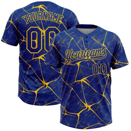 Custom Name and Number Unisex Yellow 3D Pattern Softball Jersey - Personalized Team Two-Button Apparel Personalized Royal