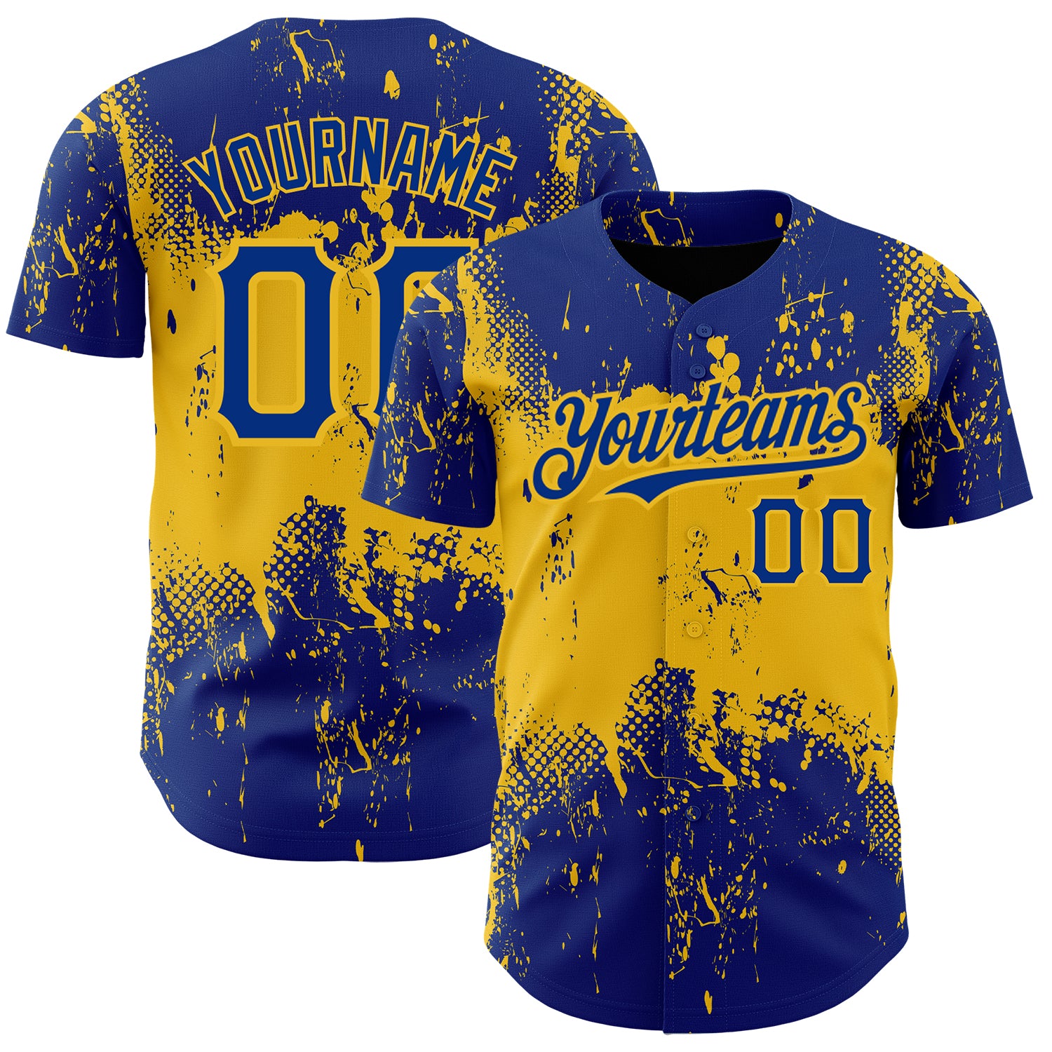 Custom Name and Number Baseball Jersey, Personalized 3D Pattern Grunge Art Design in Royal Yellow, Authentic Team Apparel