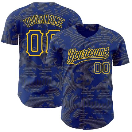 Custom Name and Number Authentic Baseball Jersey - Personalized Royal Yellow 3D Curve Lines Design Personalized Royal Yellow
