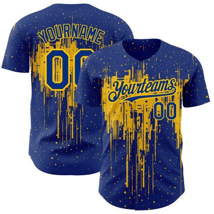 Custom Name and Number Baseball Jersey - Personalized Yellow 3D Dripping Splatter Art Design Personalized Royal Yellow 3D