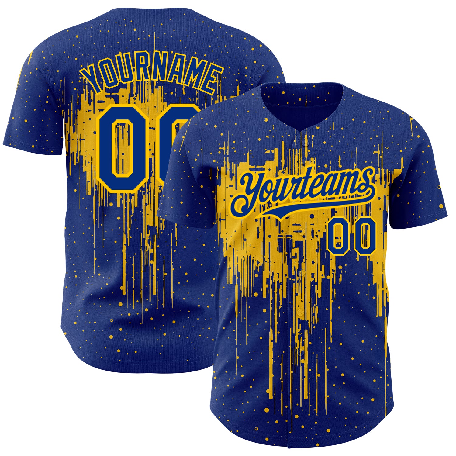 Custom Name and Number Baseball Jersey - Personalized Yellow 3D Dripping Splatter Art Design Personalized Royal Yellow 3D