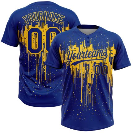 Custom Name and Number Unisex Softball Jersey with Personalized Royal Yellow 3D Dripping Splatter Art - Two-Button Design