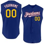 Custom Team Name and Number Personalized Authentic Sleeveless Baseball Jersey in Royal Yellow-Crimson Personalized Royal