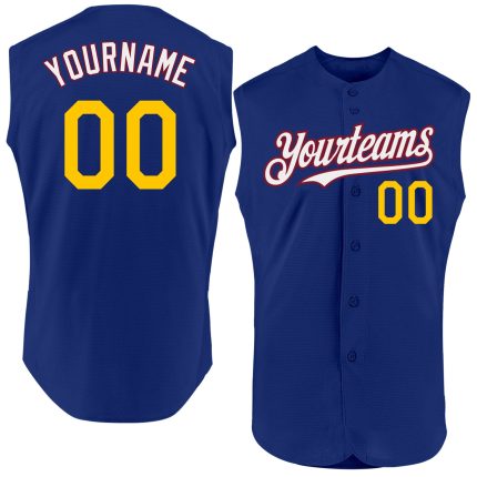 Custom Team Name and Number Personalized Authentic Sleeveless Baseball Jersey in Royal Yellow-Crimson Personalized Royal