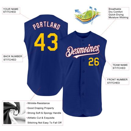 Custom Team Name and Number Personalized Authentic Sleeveless Baseball Jersey in Royal Yellow-Crimson Personalized Royal