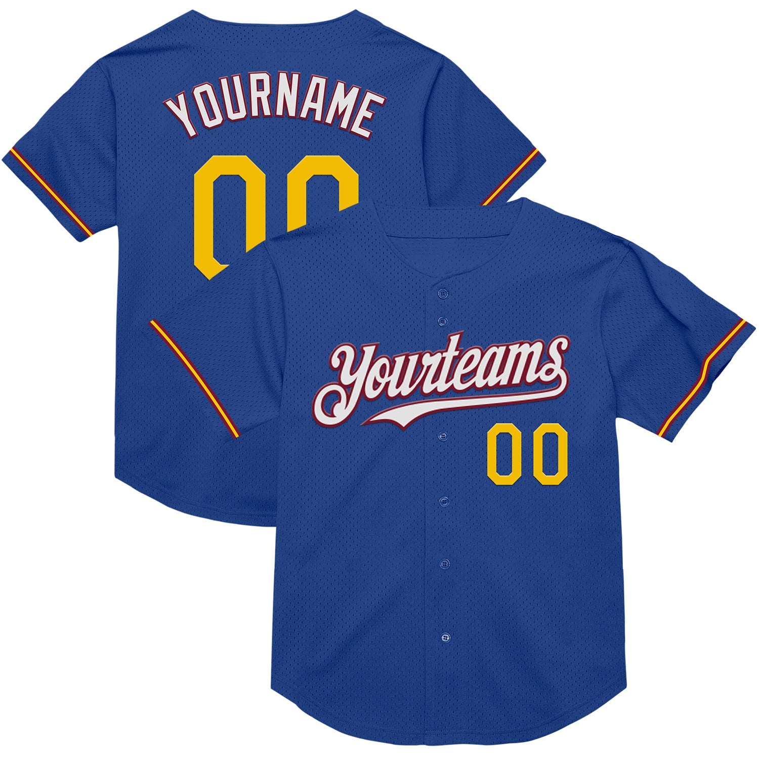 Custom Personalized Baseball Jersey - Royal Yellow-Crimson Mesh Throwback with Team Name and Number Personalized Royal Yellow-Crimson