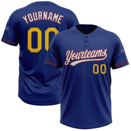 Custom Name and Number Unisex Softball Jersey - Personalized Royal Yellow-Crimson Two-Button Design Personalized Royal Yellow-Crimson