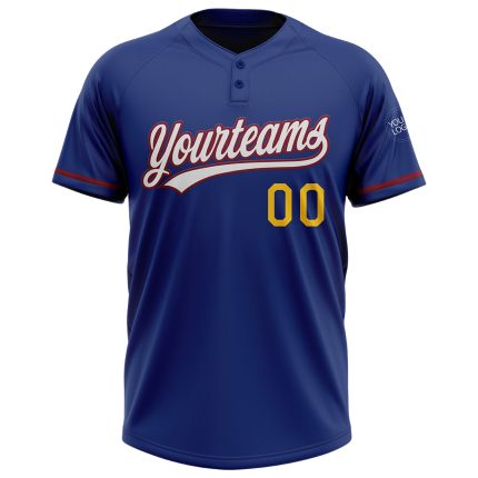 Custom Name and Number Unisex Softball Jersey - Personalized Royal Yellow-Crimson Two-Button Design Personalized Royal Yellow-Crimson