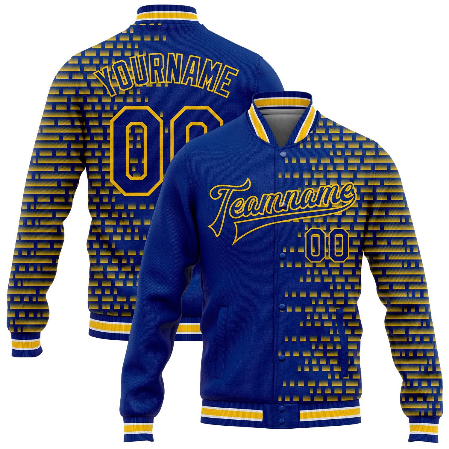 Custom Name Number Bomber Jacket Varsity Letterman 3D Pattern Royal Yellow Halftone Design Full-Snap Personalized Royal Yellow