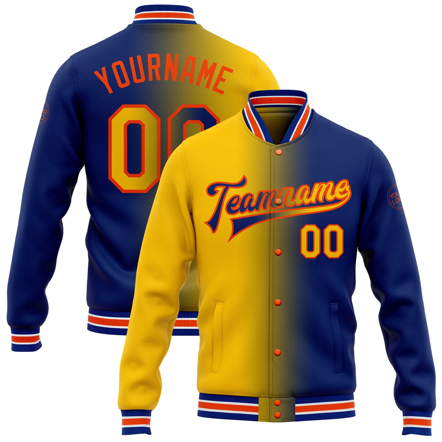 Custom Name Number Bomber Jacket Yellow-Orange Gradient Varsity Letterman Fashion Full-Snap Personalized Team Apparel Personalized