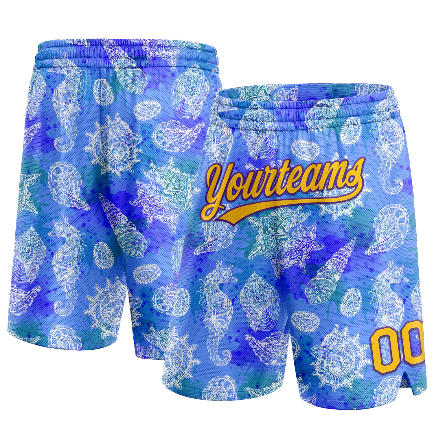 Personalized 3D Pattern Basketball Shorts with Custom Name & Number - Royal Yellow-Purple Conch and Seahorse Design Personalized