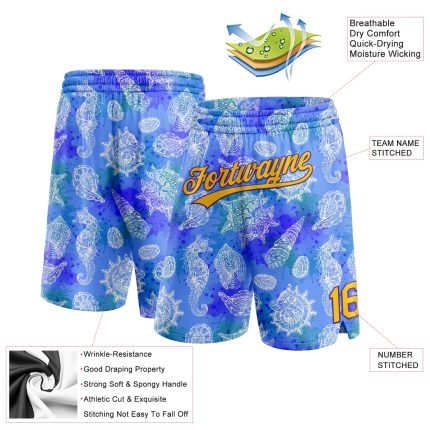 Personalized 3D Pattern Basketball Shorts with Custom Name & Number - Royal Yellow-Purple Conch and Seahorse Design Personalized
