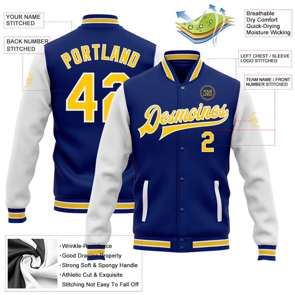Personalized Royal Yellow-White Bomber Full-Snap Varsity Letterman Two Tone Jacket Team Custom Name and Number Custom Yellow White Varsity Letterman Bomber Jacket with Personalized Name and Number, Full-Snap Two Tone Design Personalized - Image 3