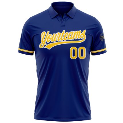 Custom Name and Number Performance Golf Polo Shirt - Yellow-White Royal Style Personalized Royal Yellow-White Performance