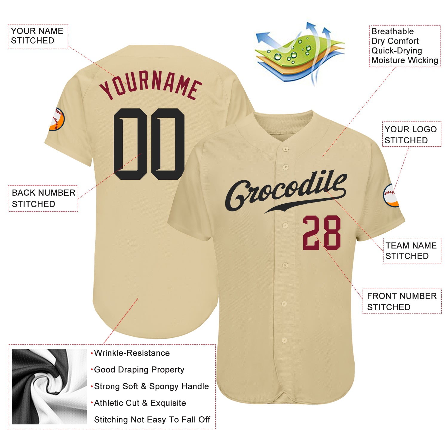 Personalized Sand Black-Crimson Authentic Baseball Jersey Team Custom Name and Number Custom Name Number Black Crimson Personalized Baseball Jersey Authentic Team Personalized Sand Black-Crimson Authentic Baseball - Image 3