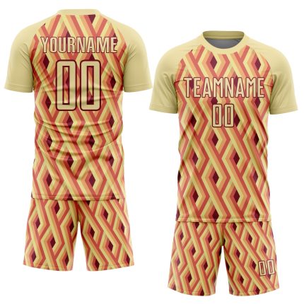 Custom Name and Number Soccer Jersey - Personalized Sand Crimson Geometric Shapes Uniform Personalized Sand Crimson Geometric