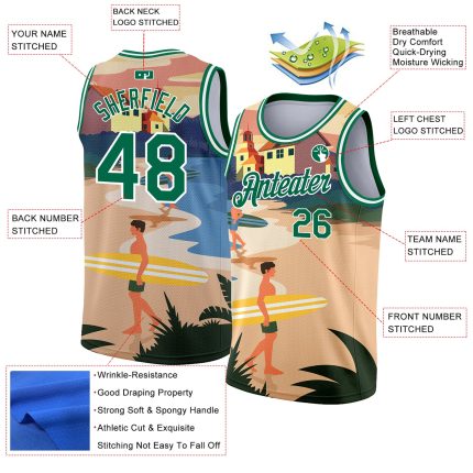 Custom Name Number Kelly Green White Basketball Jersey 3D Tropical Beach Hawaii Palm Trees Personalized Design Personalized