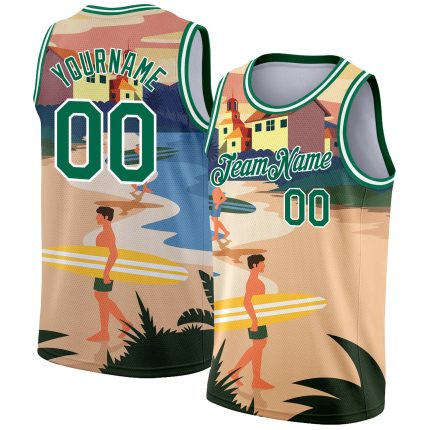 Custom Name Number Kelly Green White Basketball Jersey 3D Tropical Beach Hawaii Palm Trees Personalized Design Personalized