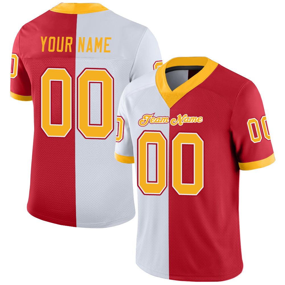 Custom Name and Number Fashion Football Jersey in Scarlet and Gold-White Mesh, Personalized Team Apparel Personalized Scarlet