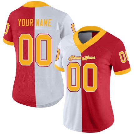 Custom Name and Number Fashion Football Jersey in Scarlet and Gold-White Mesh, Personalized Team Apparel Personalized Scarlet