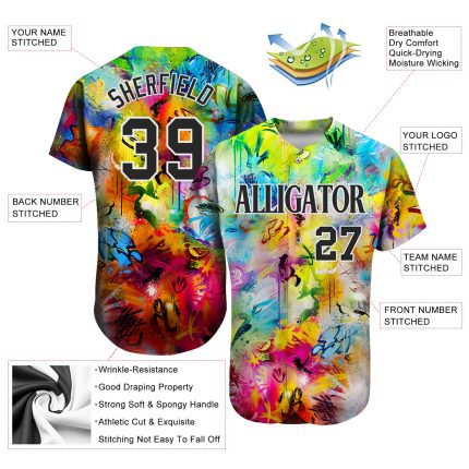 Custom 3D Black-White Graffiti Pattern Baseball Jersey with Personalized Name and Number Personalized Scratch Graffiti Pattern