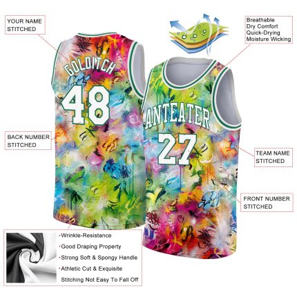 Custom Name and Number 3D Basketball Jersey - Personalized White Kelly Green Graffiti Pattern Authentic Jersey Personalized