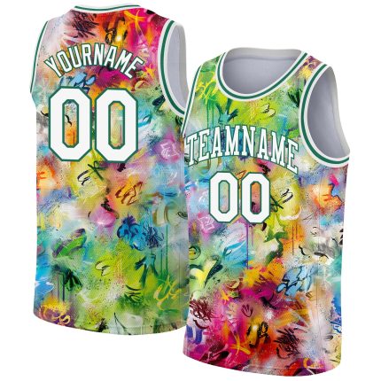 Custom Name and Number 3D Basketball Jersey - Personalized White Kelly Green Graffiti Pattern Authentic Jersey Personalized
