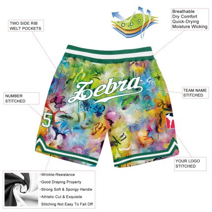 Custom Name Number 3D Basketball Shorts Graffiti Pattern White-Kelly Green Personalized Authentic Team Gear Personalized